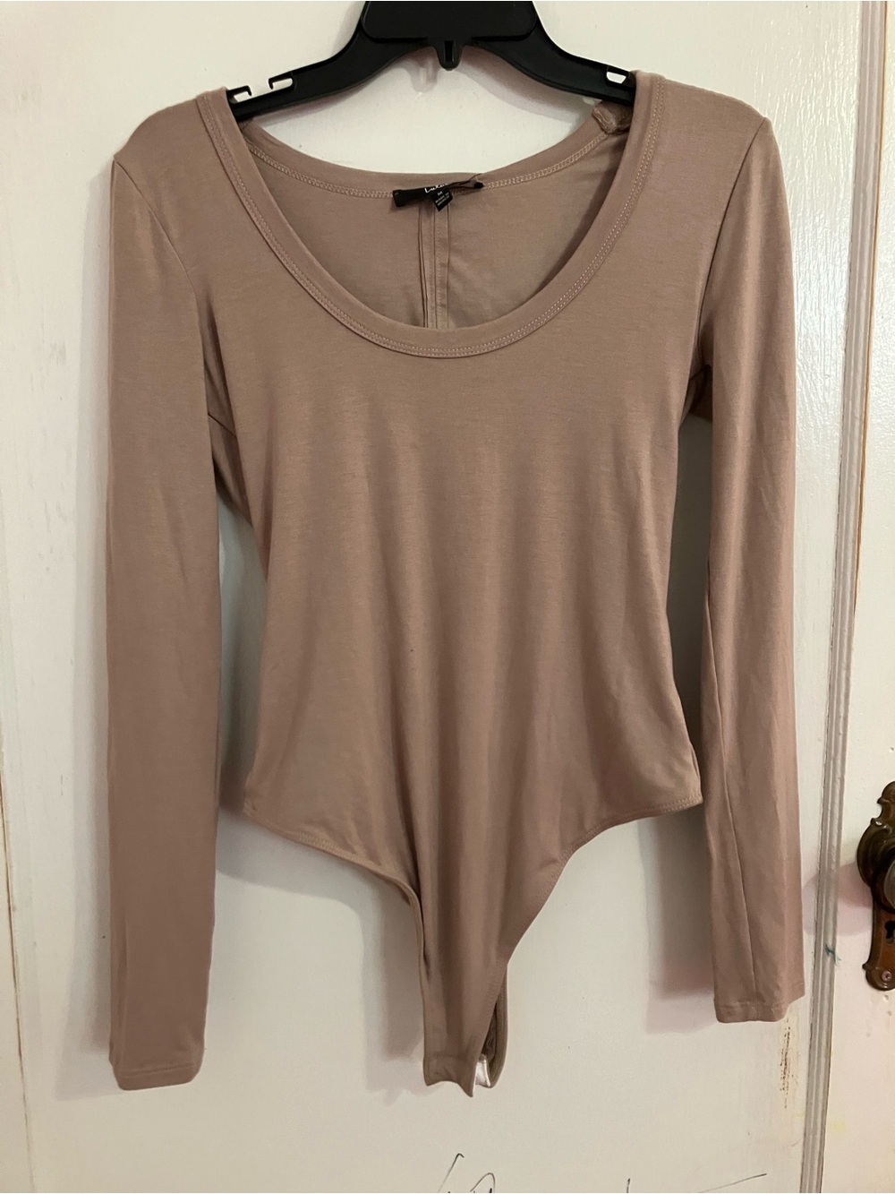 Lulu's Long-Sleeve Scoop-Neck Bodysuit in Taupe